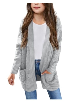 Batermoon Girls' Cardigan Sweaters Kids Cable Knit Casual Oversized Open Front Knitted Outerwear with Pocket