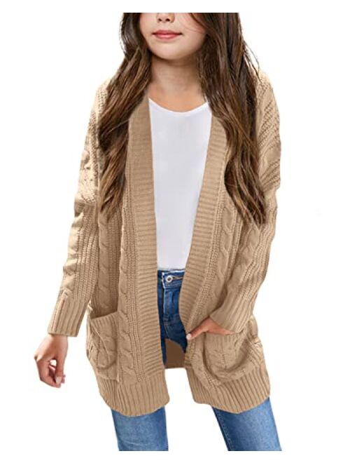 Batermoon Girls' Cardigan Sweaters Kids Cable Knit Casual Oversized Open Front Knitted Outerwear with Pocket