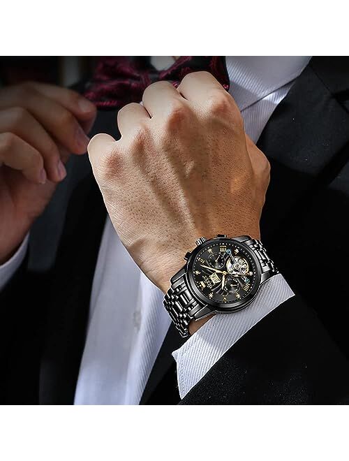 OLEVS Watches for Men Skeleton Automatic Mechanical Diamond Self Winding Gold Luxury Wristwatch Luminous Waterproof Business Dress Watch