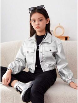 Kids SHEIN Tween Girl Solid Color Short Pu Leather Jacket With Flap Pockets