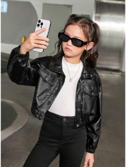 Kids SHEIN Tween Girl Solid Color Short Pu Leather Jacket With Flap Pockets