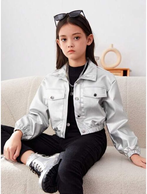 SHEIN Kids SHEIN Tween Girl Solid Color Short Pu Leather Jacket With Flap Pockets