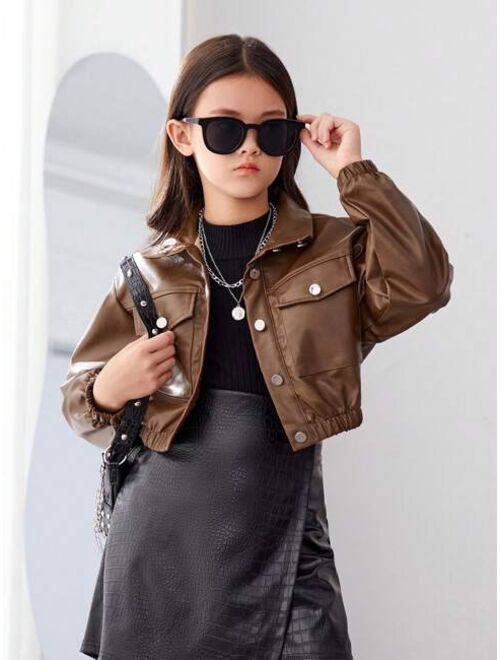 SHEIN Kids SHEIN Tween Girl Solid Color Short Pu Leather Jacket With Flap Pockets