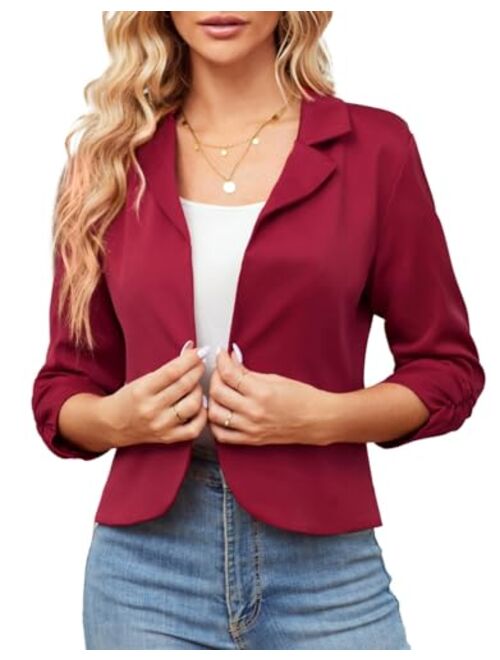GRACE KARIN Women's Business Casual Cropped Blazer Jackets Ruched 3/4 Sleeve Open Front Fitted Coat