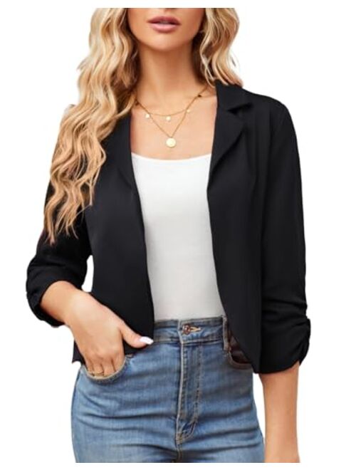 GRACE KARIN Women's Business Casual Cropped Blazer Jackets Ruched 3/4 Sleeve Open Front Fitted Coat