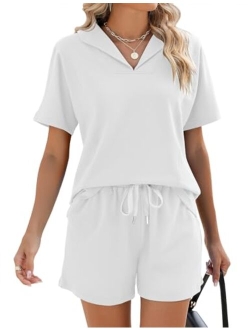 LOMON Womens 2 Piece Lounge Sets Summer Short Sleeve Collared Tops and Drawstring Shorts with Pockets Matching Sweatsuits