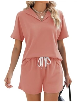 LOMON Womens 2 Piece Lounge Sets Summer Short Sleeve Collared Tops and Drawstring Shorts with Pockets Matching Sweatsuits