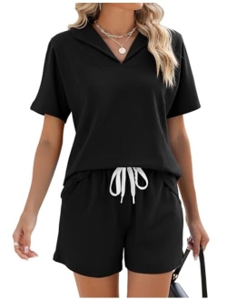 LOMON Womens 2 Piece Lounge Sets Summer Short Sleeve Collared Tops and Drawstring Shorts with Pockets Matching Sweatsuits