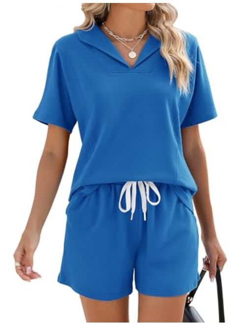 LOMON Womens 2 Piece Lounge Sets Summer Short Sleeve Collared Tops and Drawstring Shorts with Pockets Matching Sweatsuits