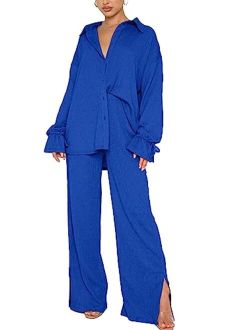 LYANER Women's 2 Piece Outfits Button Down Long Sleeve Shirt and Wide Leg Pants Set