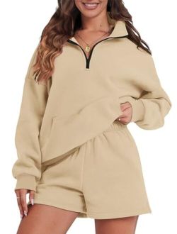 FKEEP Womens Sweatsuits 2 Piece Outfits Half Zip Sweatshirt Sweat Shorts with Pockets Lounge Sets