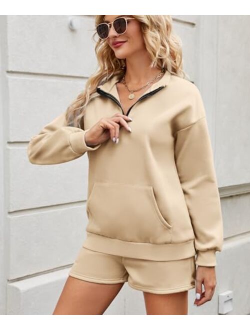 FKEEP Womens Sweatsuits 2 Piece Outfits Half Zip Sweatshirt Sweat Shorts with Pockets Lounge Sets