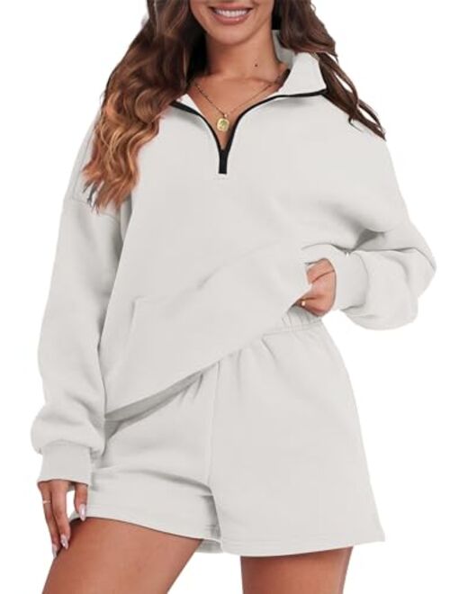 FKEEP Womens Sweatsuits 2 Piece Outfits Half Zip Sweatshirt Sweat Shorts with Pockets Lounge Sets