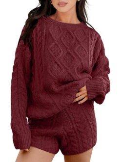 Womens 2 Piece Outfits Long Sleeve Cable Knit Chunky Oversized Pullover Sweaters Winter Lounge Loungewear Sets