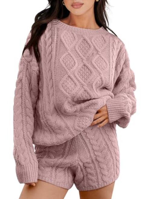 ANRABESS Womens 2 Piece Outfits Long Sleeve Cable Knit Chunky Oversized Pullover Sweaters Winter Lounge Loungewear Sets