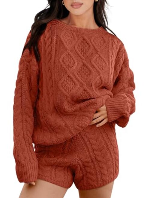 ANRABESS Womens 2 Piece Outfits Long Sleeve Cable Knit Chunky Oversized Pullover Sweaters Winter Lounge Loungewear Sets