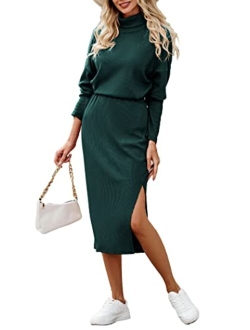 Women's 2024 Winter 2 Piece Tracksuit Long Sleeve Turtleneck Ribbed Top And Midi Skirt Dress Sets