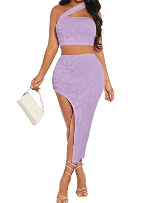 Verdusa Women's 2 Piece Outfits One Shoulder Crop Top and Split Bodycon Skirt Sets