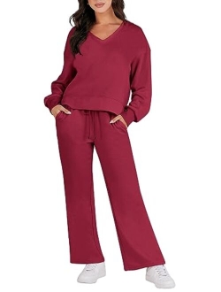 Caracilia Women's Two Piece Outfits Matching Sets Long Sleeve Pullover Tops and Wide Leg Pants Tracksuit Lounge Sets