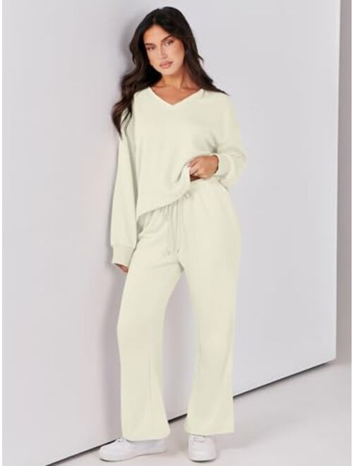 Caracilia Women's Two Piece Outfits Matching Sets Long Sleeve Pullover Tops and Wide Leg Pants Tracksuit Lounge Sets