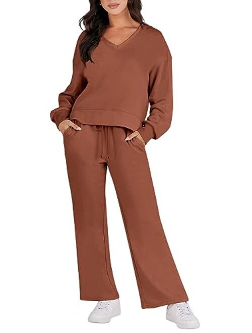 Caracilia Women's Two Piece Outfits Matching Sets Long Sleeve Pullover Tops and Wide Leg Pants Tracksuit Lounge Sets