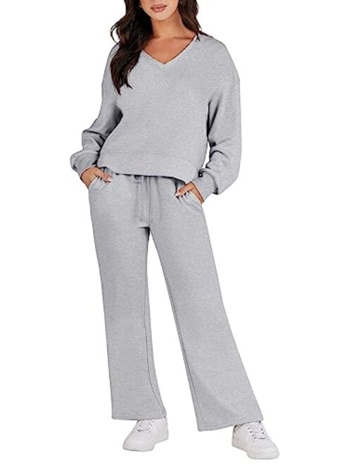 Caracilia Women's Two Piece Outfits Matching Sets Long Sleeve Pullover Tops and Wide Leg Pants Tracksuit Lounge Sets