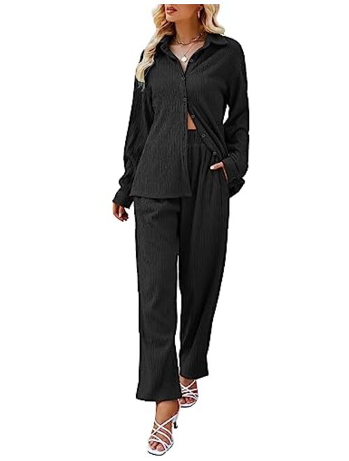 HAOGUIMI Women Pleated Y2K 2 Piece Plisse Set Casual Long Sleeve Button Down Shirt Wide Leg Pants 90s Disco Outfit for Women