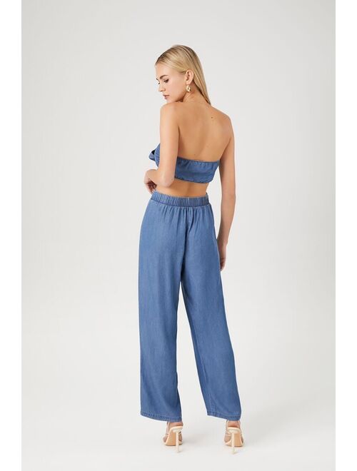 Forever 21 Tie Front Crop Top &amp; Pants Set Dark Denim