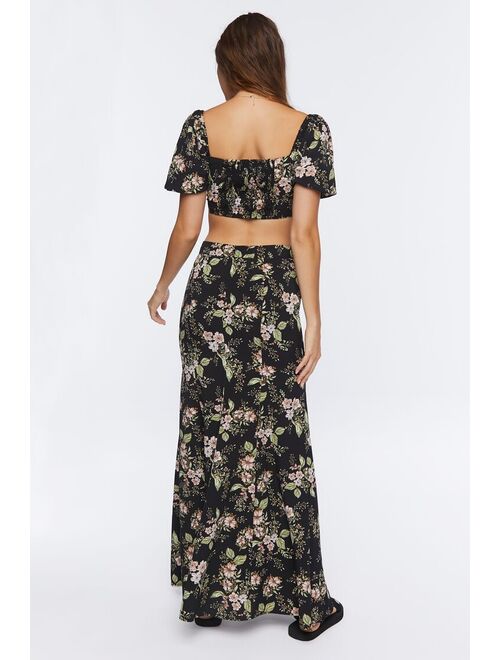 Forever 21 Floral Print Crop Top &amp; Skirt Set Black/Multi