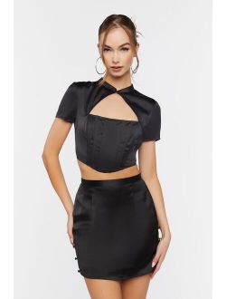 Satin Crop Top & Skirt Set Black