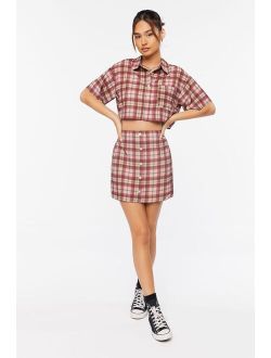 Plaid Cropped Shirt & Skirt Set Tan/Multi