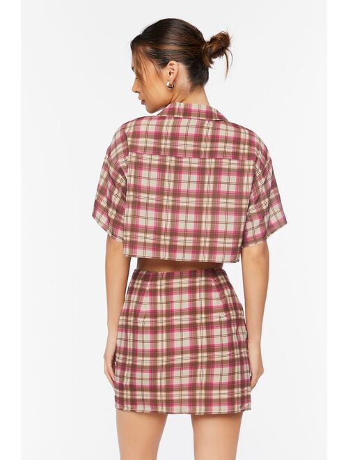 Forever 21 Plaid Cropped Shirt &amp; Skirt Set Tan/Multi