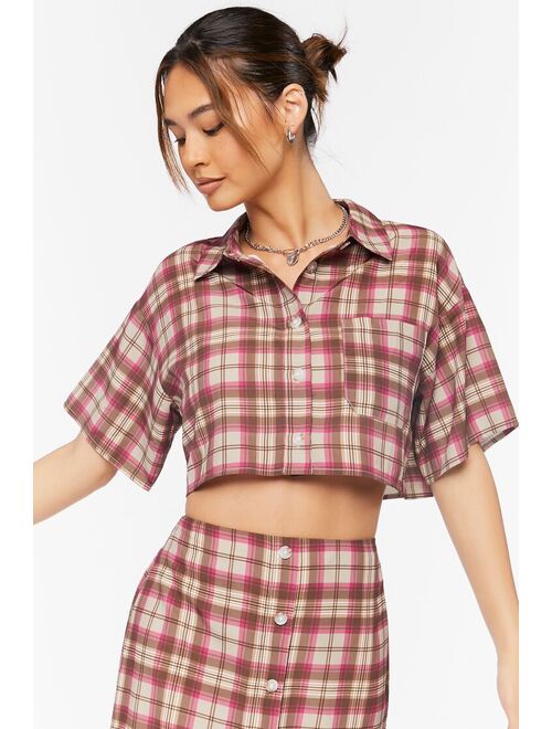 Forever 21 Plaid Cropped Shirt &amp; Skirt Set Tan/Multi