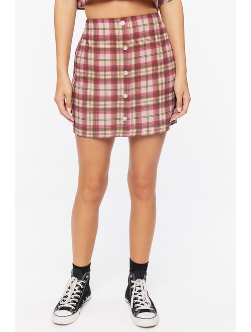 Forever 21 Plaid Cropped Shirt &amp; Skirt Set Tan/Multi