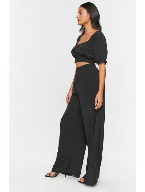 Forever 21 Puff Sleeve Crop Top &amp; Wide Leg Pants Set Black