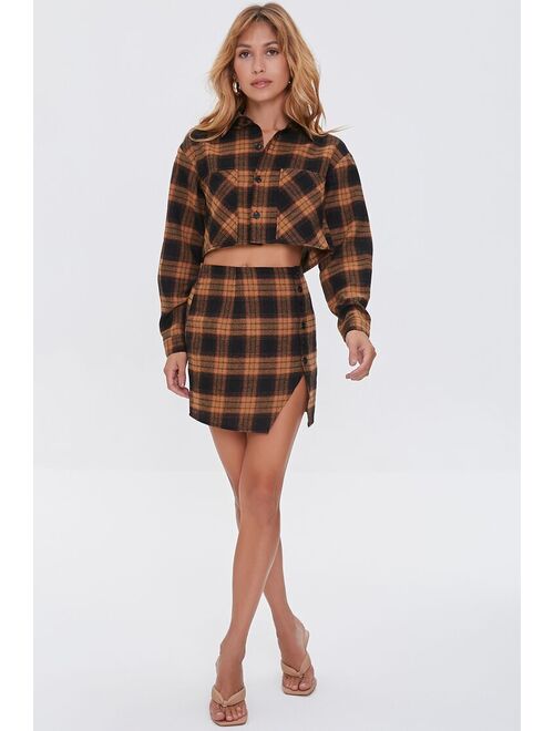 Forever 21 Plaid Shirt &amp; Buttoned Skirt Set Brown/Black