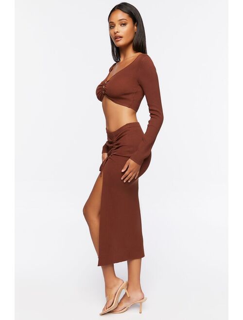 Forever 21 Ruched Crop Top &amp; Leg Slit Midi Skirt Set Cocoa