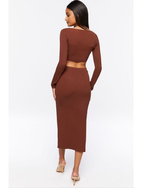 Forever 21 Ruched Crop Top &amp; Leg Slit Midi Skirt Set Cocoa