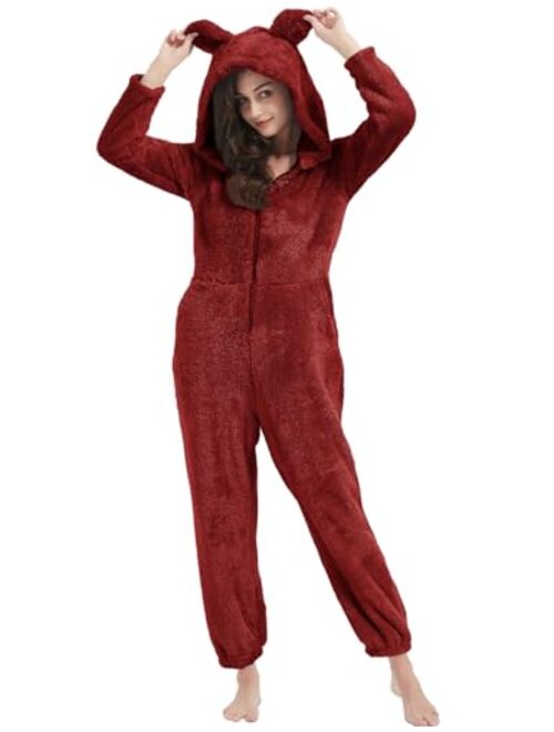 PEHMEA Onesie Pajamas for Women Fuzzy Hooded Romper Loungewear One Piece Winter Sleepwear