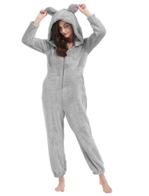 PEHMEA Onesie Pajamas for Women Fuzzy Hooded Romper Loungewear One Piece Winter Sleepwear